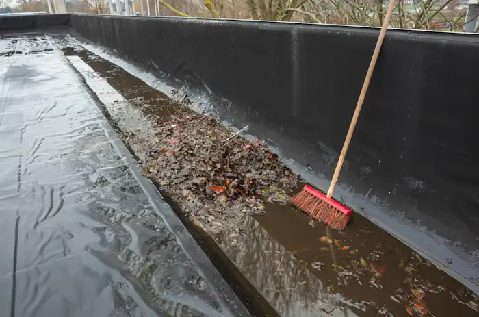 Leaves and Debris in the Gutter of a Flat Roof